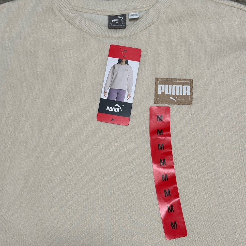 Women's PUMA Medium 8 10 Cream Fleece Sweatshirt Logo Crew Pullover Long Sleeve - Picture 6 of 12